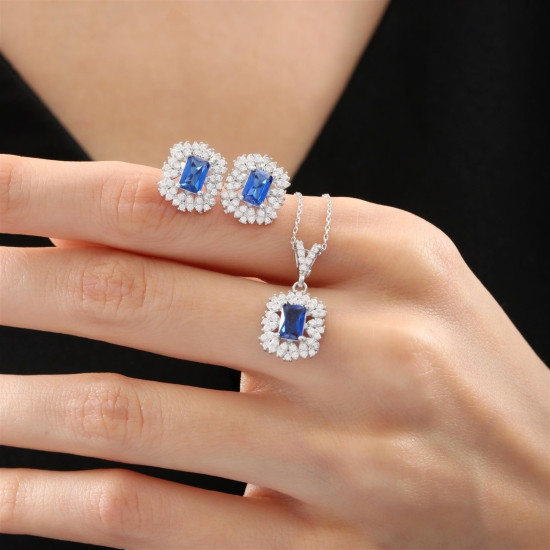 Pırlanta Mont&uuml;r Sentetik Safir Nevvare G&uuml;m&uuml;ş İkili Mini Set